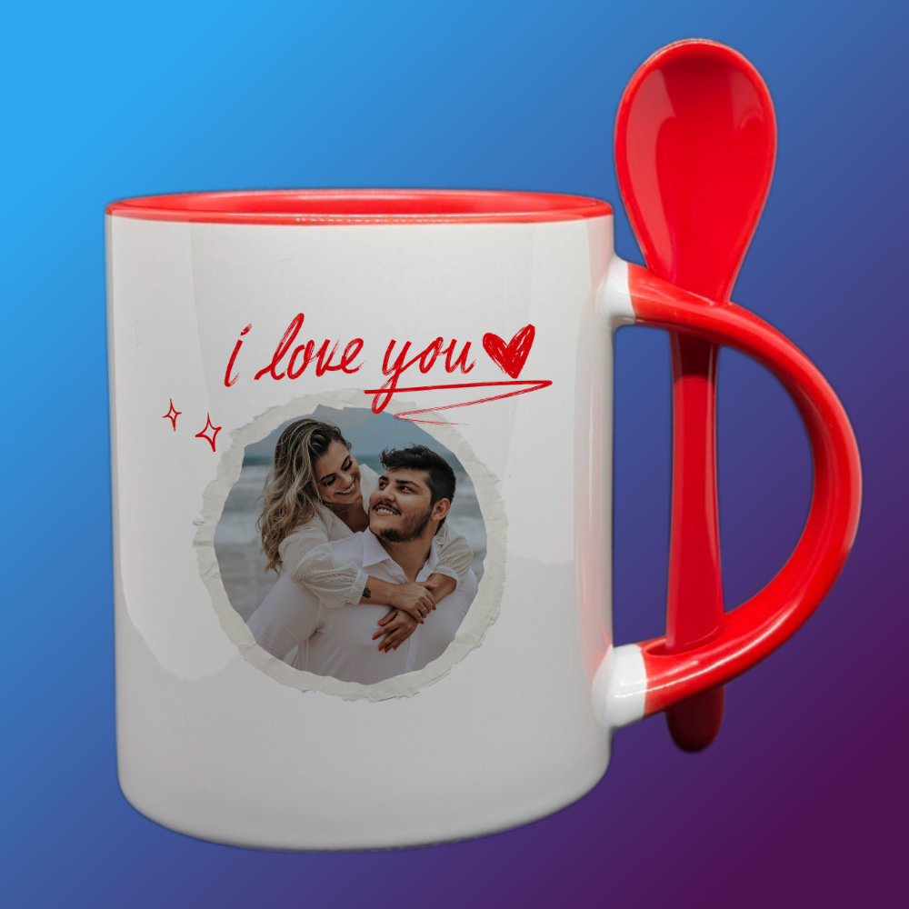 Személyre Szabott „I Love You” Fényképes Bögre Kanállal