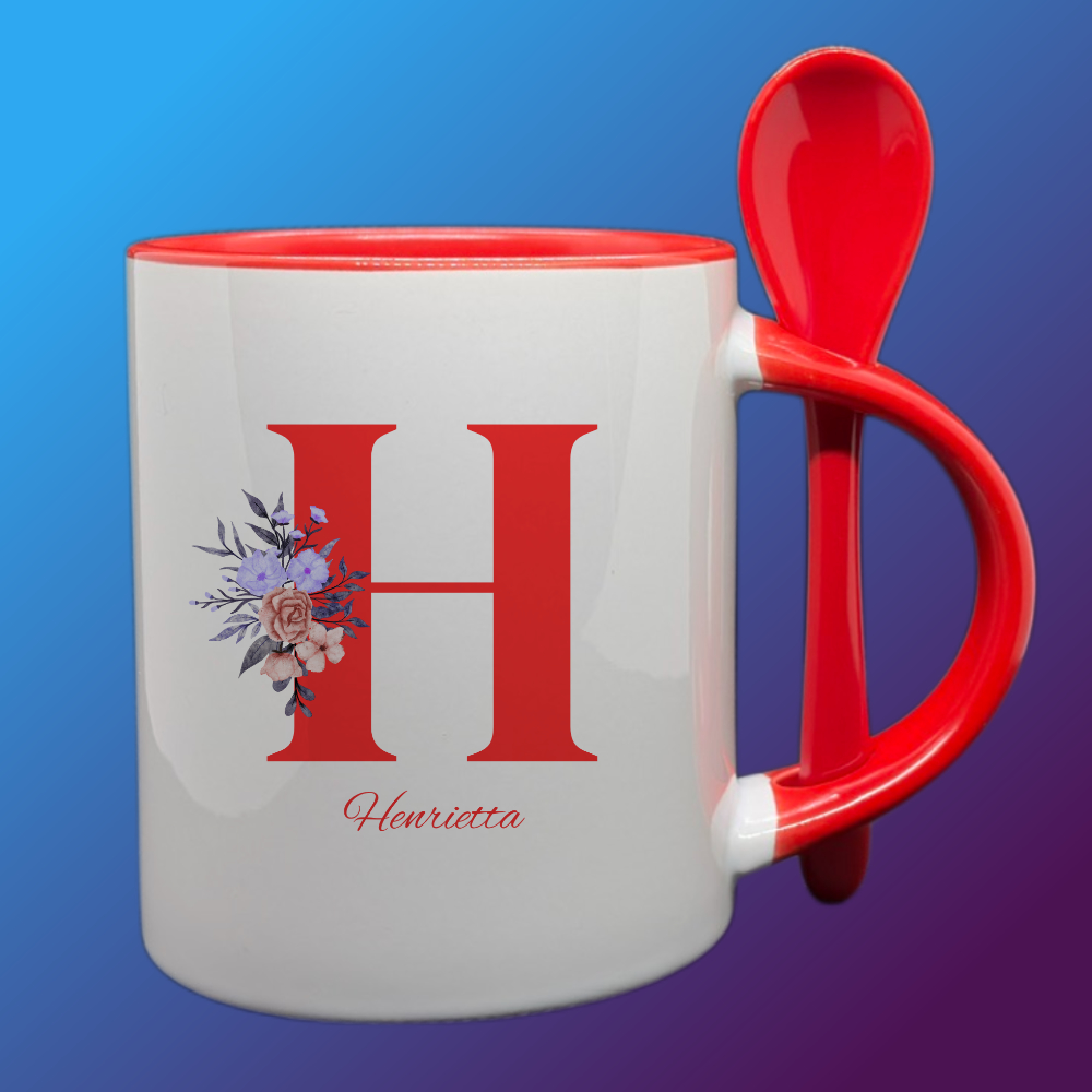 Egyedi Virágos Monogramos Bögre Kanállal (red)